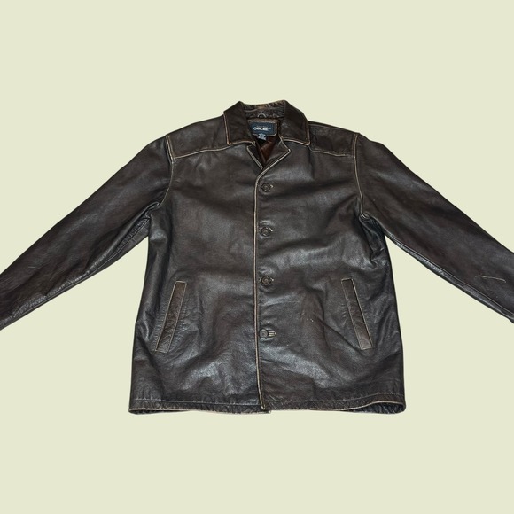 Vintage Cherokee Mens Brown 100% Genuine Leather Coat Button Front Jacket MEDIUM
